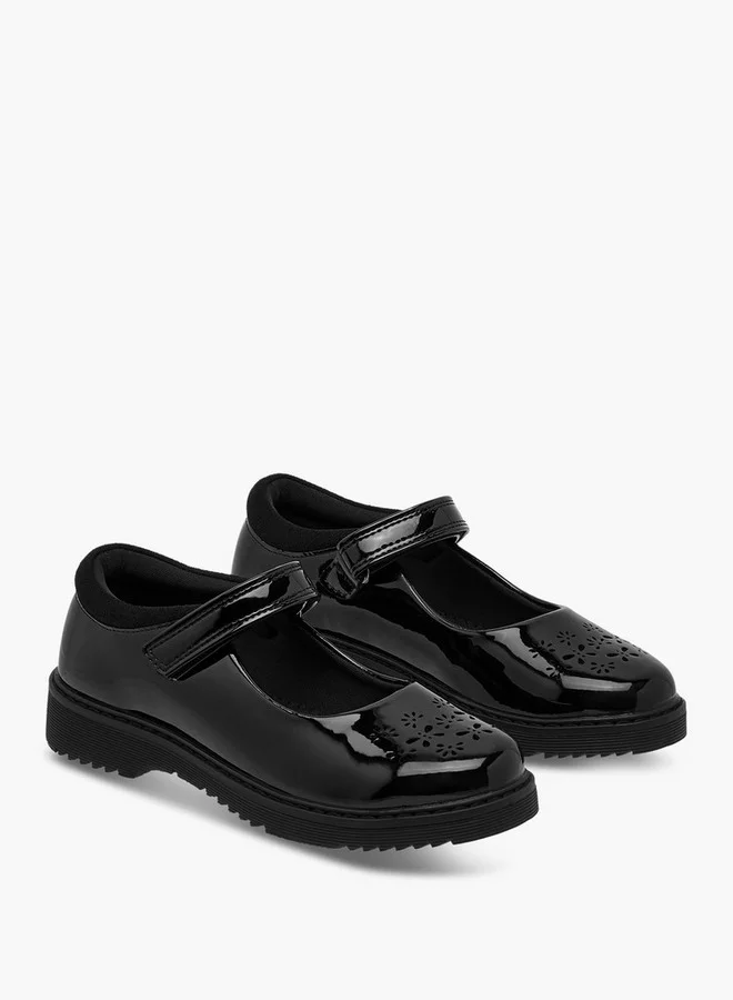 JUNIORS Girls Cut Out Detail Mary Jane School Shoes with Hook and Loop Closure