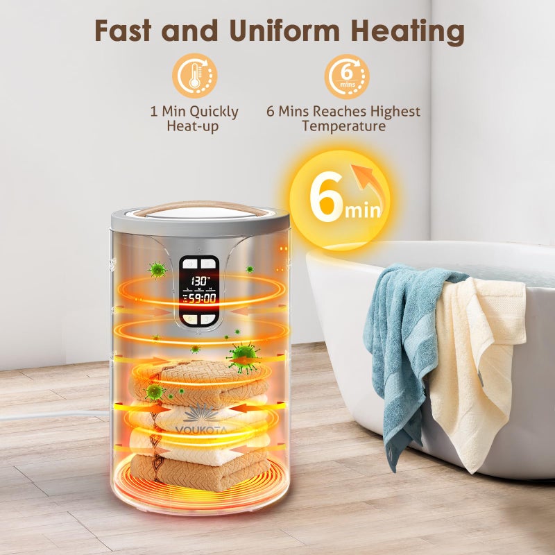 VOUKOTA Towel Warmer, 20L Towel Warmers for Bathroom with LED Display for Time and Temperature, Bucket-Style Warmer with Delay Timer 0.5-24H, Heating Time 30/60/90 Mins, Child Lock - Image 4