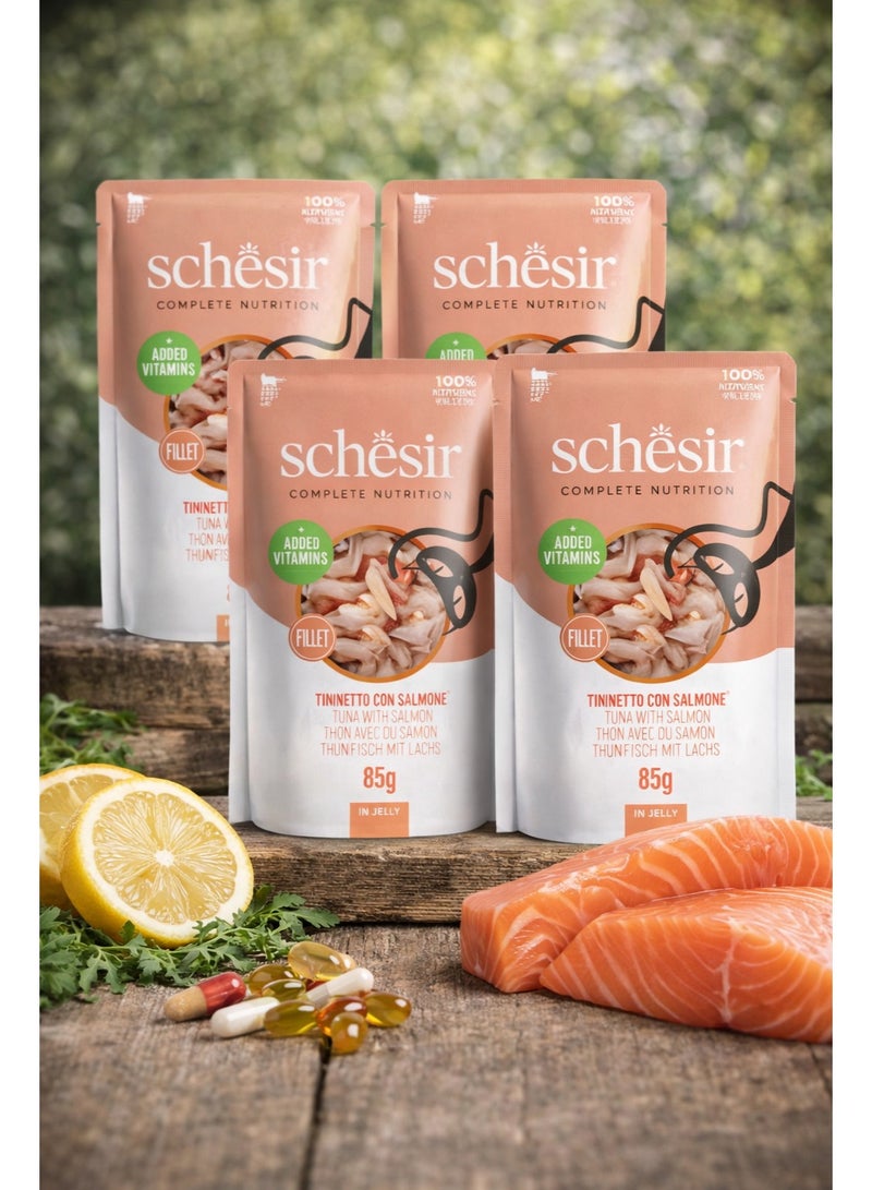 Schesir Complete Nutrition Pouch – Tuna with Salmon in Jelly – Complete & Balanced Wet Cat Food – Added Vitamins – 4 × 85 g - Image 1