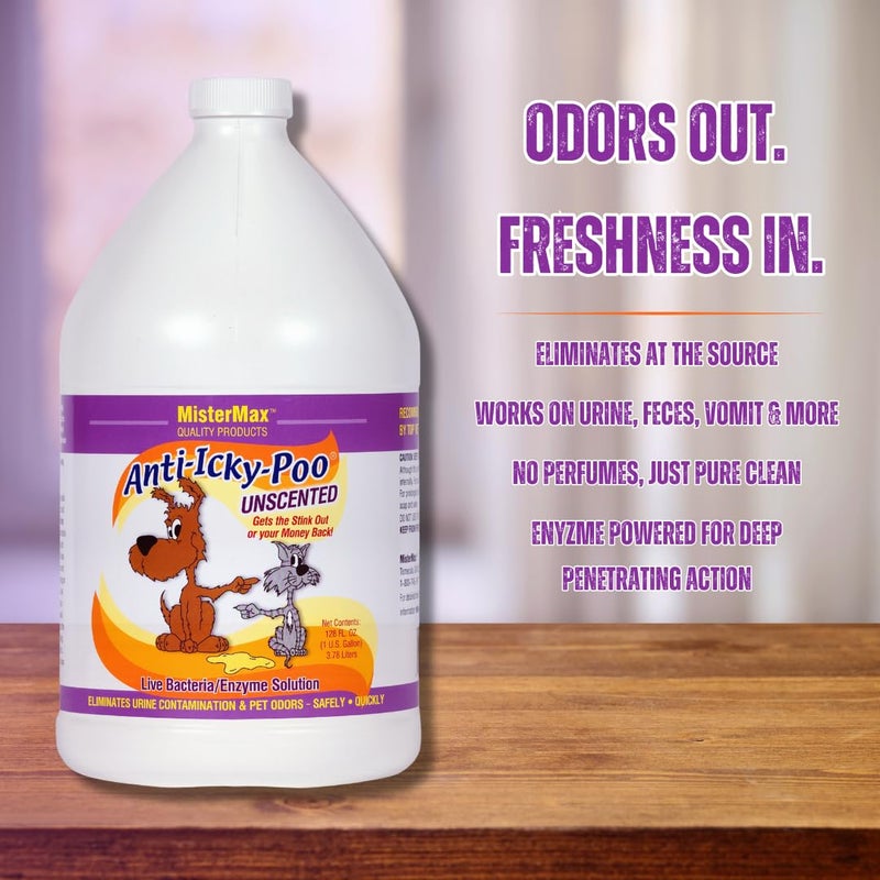 Mister Max Anti Icky Poo Pet Urine Enzyme Cleaner & Feces Odor Remover, Enzymatic Cleaner for Dog & Cat Urine, Pet Odor Remover Spray, 1 Gallon (Unscented) - Image 2