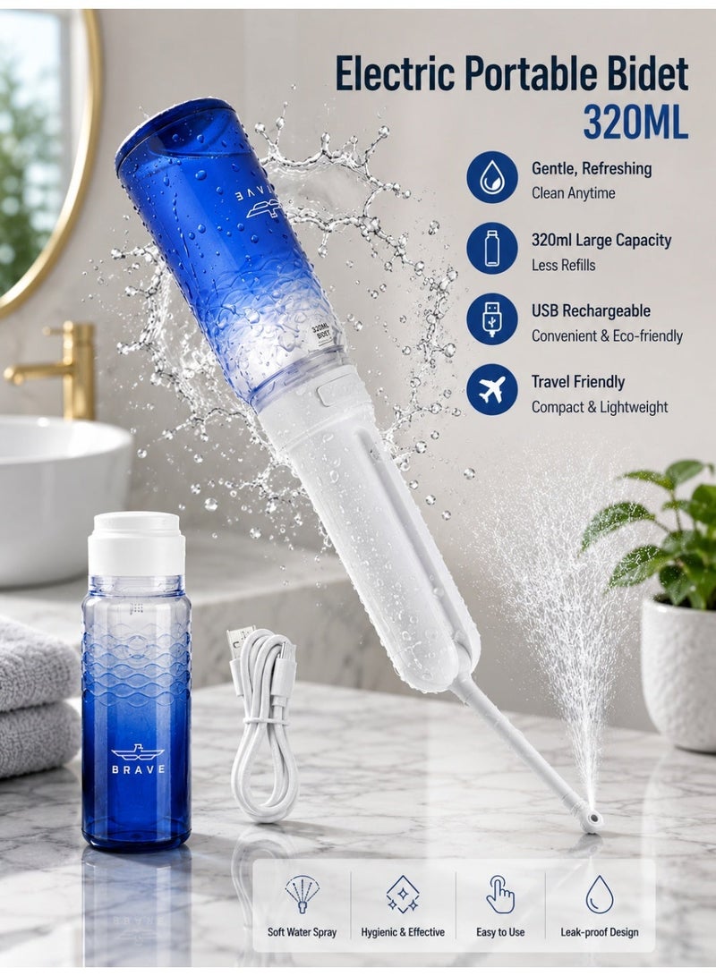 Brave 320ml Portable Bidet Shattaf | USB-C Rechargeable Electric Travel Bidet with 3 Pressure Modes, High-Pressure Water Spray & 180° Adjustable Nozzle | IPX7 Waterproof, Leak-Proof Personal Hygiene Washer | Portable Travel Bidet for Home, Camping, Travel & Public Restrooms | Blue - Image 1