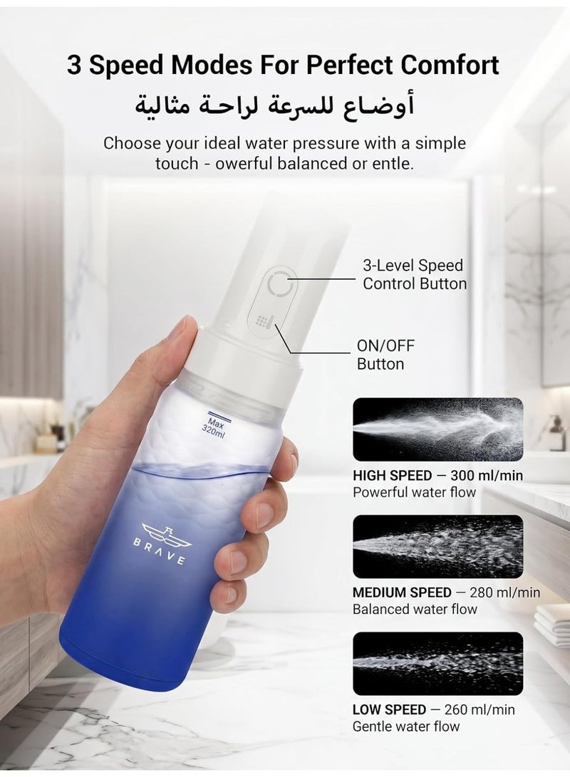 Brave 320ml Portable Bidet Shattaf | USB-C Rechargeable Electric Travel Bidet with 3 Pressure Modes, High-Pressure Water Spray & 180° Adjustable Nozzle | IPX7 Waterproof, Leak-Proof Personal Hygiene Washer | Portable Travel Bidet for Home, Camping, Travel & Public Restrooms | Blue - Image 5