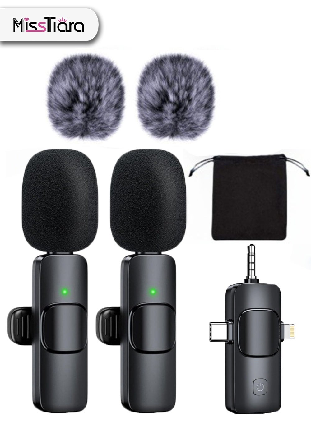 Wireless Lavalier Microphone for Type-C and iPhone - Plug and Play Wireless Microphone, Mini Lavalier Microphone, Includes 2 Microphones, 2 Pom-Poms, 1 Multi-Interface Connector, 1 Storage Bag, 2.4G Ultra-Low Latency Noise Reduction Chip, Suitable for Video Recording, Interviews, Podcasts, Vlogs, YouTube, Tik Tok, etc. (2 Pack)