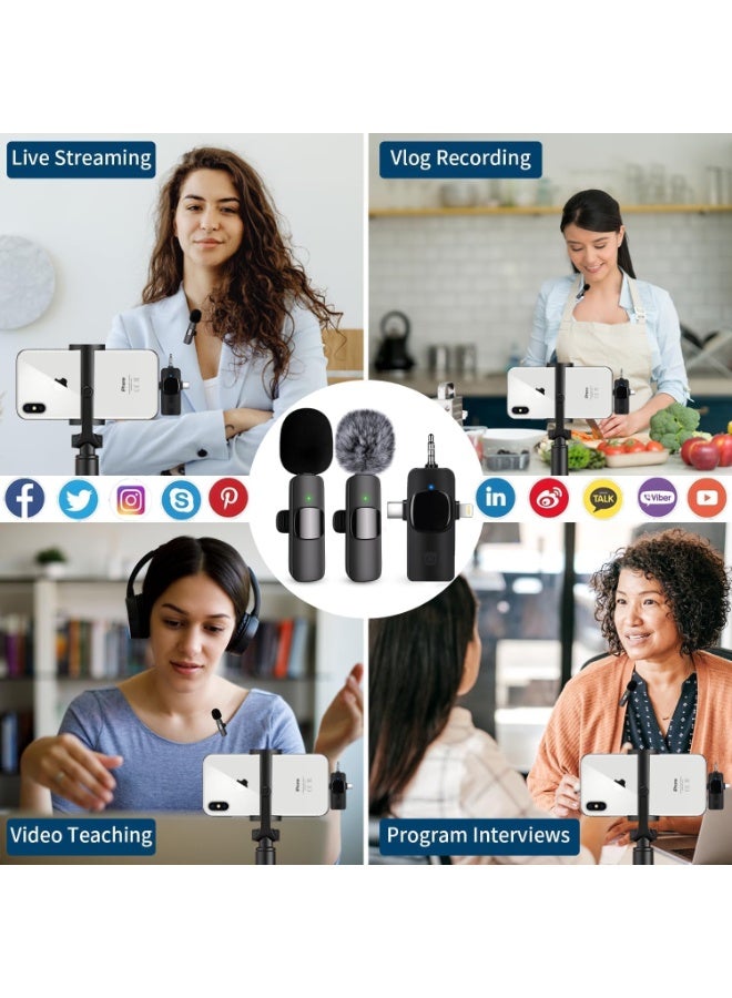 مس تيارا ميكروفون لافالير لاسلكي لنوع C وiPhone - ميكروفون لاسلكي للتوصيل والتشغيل، ميكروفون لافالير صغير، يتضمن 2 ميكروفون، 2 بوم بوم، 1 موصل متعدد الواجهات، 1 حقيبة تخزين، شريحة تقليل الضوضاء فائقة الانخفاض 2.4 جيجاهرتز، مناسب لتسجيل الفيديو والمقابلات والبودكاست والمدونات المرئية ويوتيوب وتيك توك وما إلى ذلك. (عبوة من قطعتين) - Image 3