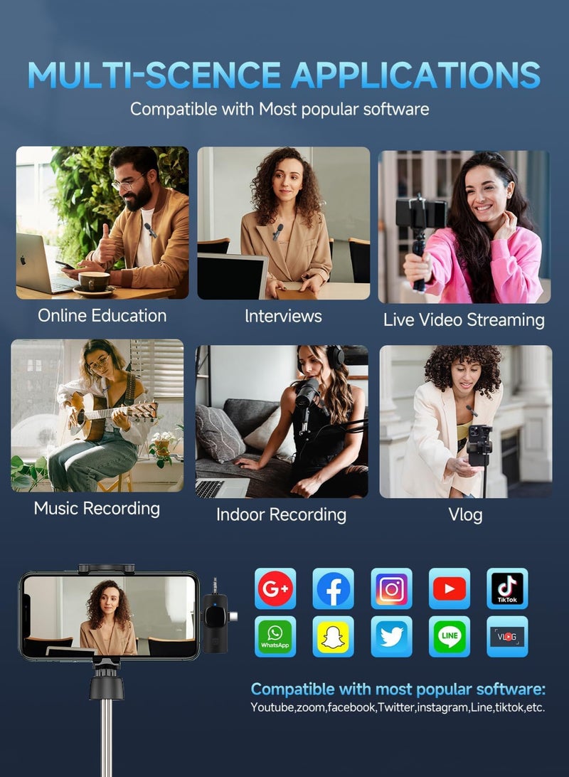 مس تيارا ميكروفون لافالير لاسلكي لنوع C وiPhone - ميكروفون لاسلكي للتوصيل والتشغيل، ميكروفون لافالير صغير، يتضمن 2 ميكروفون، 2 بوم بوم، 1 موصل متعدد الواجهات، 1 حقيبة تخزين، شريحة تقليل الضوضاء فائقة الانخفاض 2.4 جيجاهرتز، مناسب لتسجيل الفيديو والمقابلات والبودكاست والمدونات المرئية ويوتيوب وتيك توك وما إلى ذلك. (عبوة من قطعتين) - Image 5