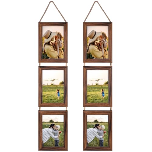 Lavezee 4x6 Collage Triple Picture Frames Set Walnut Brown 6 Opening Hanging Vertical Frame Made to Display 4 by 6 Inch Photo Print for Wall Decor
