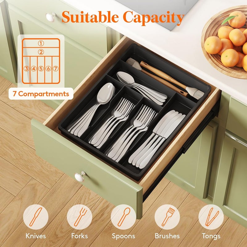 Lifewit Cutlery Drawer Organizer,Plastic Cutlery Tray for Kitchen,Utensil Cutlery Silverware Holder Divider for Spoons Forks Knives Tableware,7 Compartments,31 x 41cm,Black - Image 4
