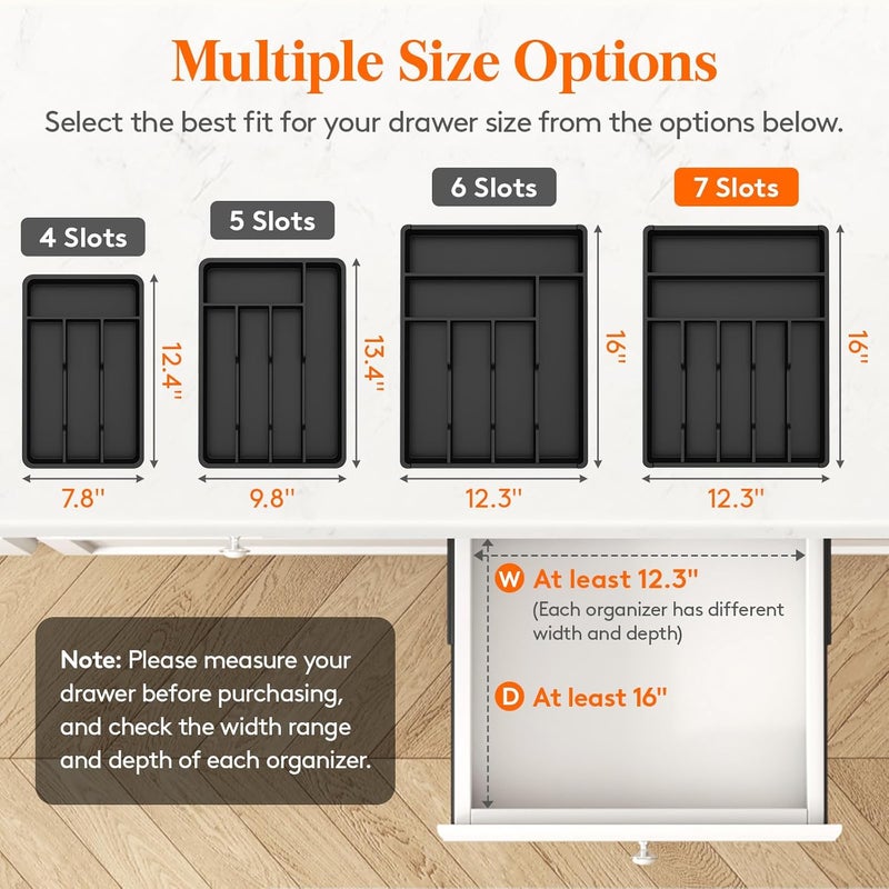 Lifewit Cutlery Drawer Organizer,Plastic Cutlery Tray for Kitchen,Utensil Cutlery Silverware Holder Divider for Spoons Forks Knives Tableware,7 Compartments,31 x 41cm,Black - Image 2
