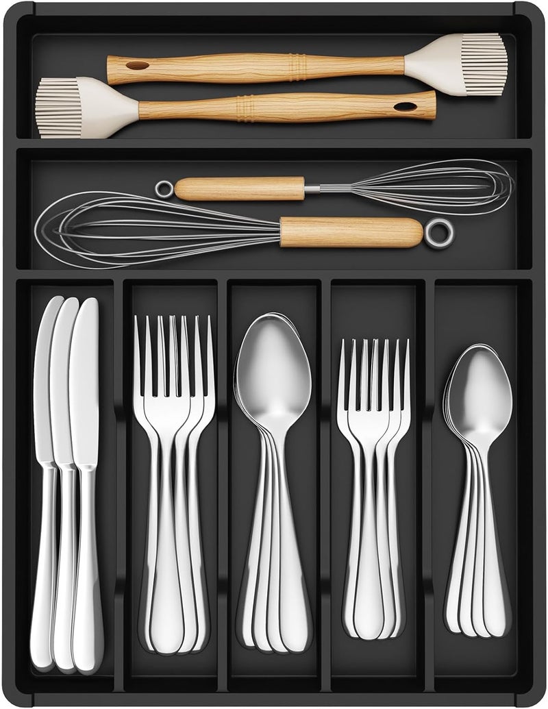 Lifewit Cutlery Drawer Organizer,Plastic Cutlery Tray for Kitchen,Utensil Cutlery Silverware Holder Divider for Spoons Forks Knives Tableware,7 Compartments,31 x 41cm,Black - Image 1