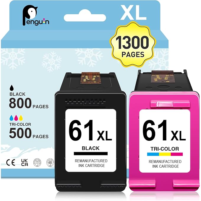 Penguin Remanufactured Printer Ink Cartridge Replacement for 61XL ,61 XL (1 Black,1 Color) Used for Deskjet 1000 1010 2540 2620 3050 Envy 4500 4509 5530 Officejet 2620 4636 Includes Bookmark Clip