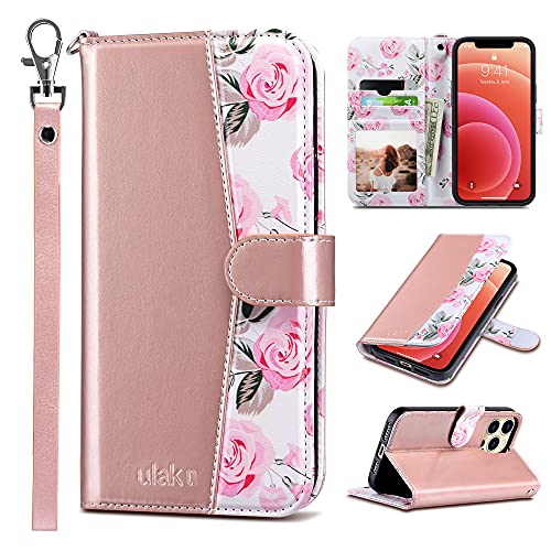 ULAK Compatible with iPhone 13 Pro Max Wallet Case for Women with Credit Card Holders, Flower Pattern Flip PU Leather Kickstand Shockproof Protective Phone Cover for iPhone 13 Pro Max 6.7'', Rose Gold - Image 1