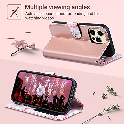 ULAK Compatible with iPhone 13 Pro Max Wallet Case for Women with Credit Card Holders, Flower Pattern Flip PU Leather Kickstand Shockproof Protective Phone Cover for iPhone 13 Pro Max 6.7'', Rose Gold - Image 2
