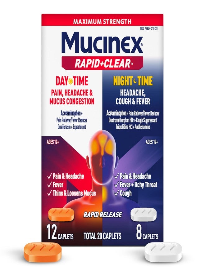 Mucinex Rapid+Clear Maximum Strength Day & Night Cold and Flu Medicine for Adults, Over-The-Counter Medication for Headache Relief, Mucus Congestion, & Cough, Rapid Release Caplets, 20 Count - Image 1