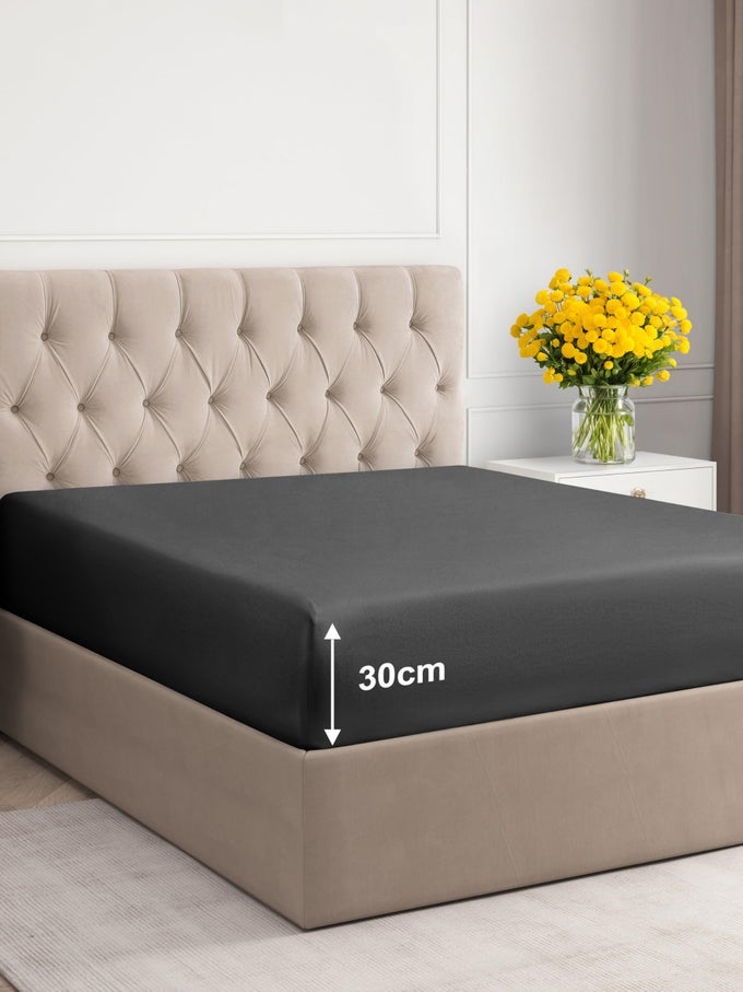 SUPER KING FITTED BED SHEET 180X200X30CM DEEP FITTED SHEET FOR MATTRESSES UP TO 30 CM 12 SOFT BRUSHED MICROFIBER WRINKLE SHRINKAGE FADE RESISTANT OEKOTEX DARK GREY BOTTOM SHEET