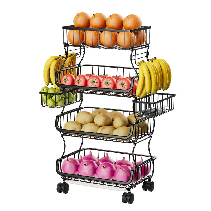 Simple Trending 4 Tier Rolling Cart Stackable Fruit Vegetable Basket with Wheels and 2 Hanging Basket Kitchen Storage Metal Wire Basket Stand for Vegetable Snacks Black