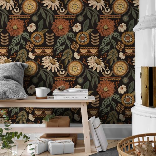 Simon&Siff Boho Peel and Stick Wallpaper, 17.3" x 80" Sun Floral Retro Contact Paper Removable Self Adhesive Wall Paper for Cabinets Furniture Bedroom Nursery Bathroom Renter Friendly DIY Decor - Image 5