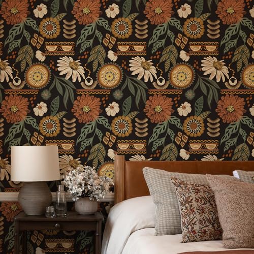 Simon&Siff Boho Peel and Stick Wallpaper, 17.3" x 80" Sun Floral Retro Contact Paper Removable Self Adhesive Wall Paper for Cabinets Furniture Bedroom Nursery Bathroom Renter Friendly DIY Decor - Image 2