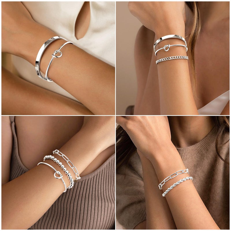 Gokeey Silver Cuff Bracelets for Women,Dainty Silver Bangles Bracelets Set for Women, Paperclip Link Chain Rope Beaded Tie Knot Bracelets Stack Chunky Jewelry - Image 4