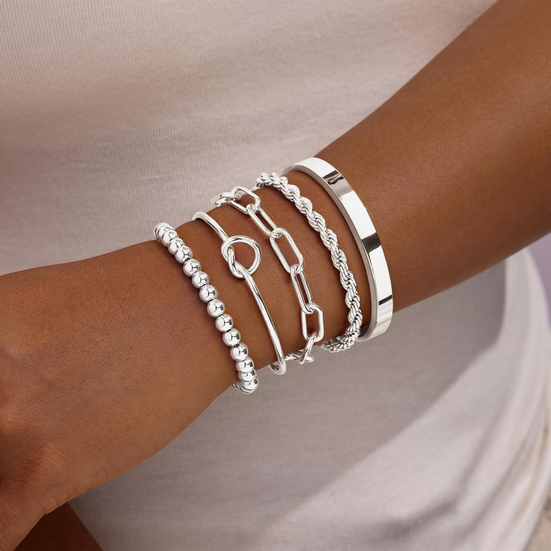 Gokeey Silver Cuff Bracelets for Women,Dainty Silver Bangles Bracelets Set for Women, Paperclip Link Chain Rope Beaded Tie Knot Bracelets Stack Chunky Jewelry - Image 3