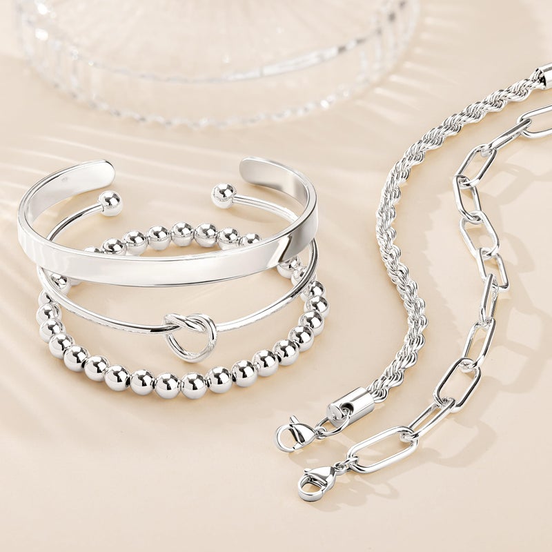 Gokeey Silver Cuff Bracelets for Women,Dainty Silver Bangles Bracelets Set for Women, Paperclip Link Chain Rope Beaded Tie Knot Bracelets Stack Chunky Jewelry - Image 5