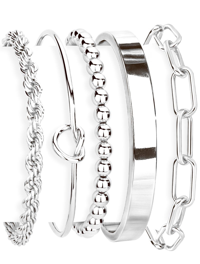 Gokeey Silver Cuff Bracelets for Women,Dainty Silver Bangles Bracelets Set for Women, Paperclip Link Chain Rope Beaded Tie Knot Bracelets Stack Chunky Jewelry - Image 1