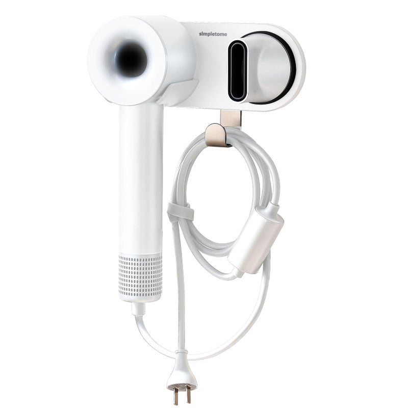 simpletome Hair Dryer Holder Wall Mount for All Magnetic High Speed Blow Dryer with Plug Cord Organizer Hook Aluminum Alloy White