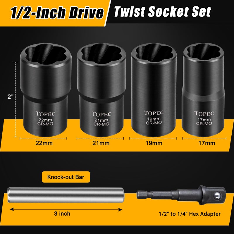Topec 6Pcs Lug Nut Removal Tool  1/2-Inch Drive Wheel Lock Removal Kit  17-22Mm Stripped Lug Nut Remover  Extractor Socket Set For Broken  Damaged  Rounded Bolts - Image 4