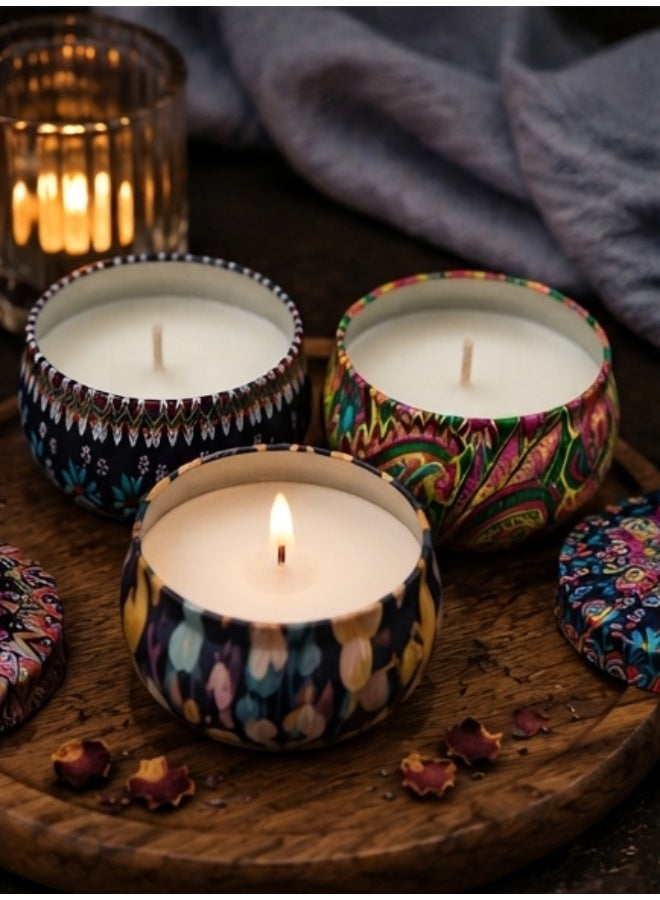مجموعة 3 شموع عطرية فاخرة من شمع الصويا الطبيعي بعلب معدنية مزخرفة مع أغطية – احتراق طويل – شموع معطرة للمنزل والديكور والاسترخاء – هدية مثالية للمناسبات - Image 1