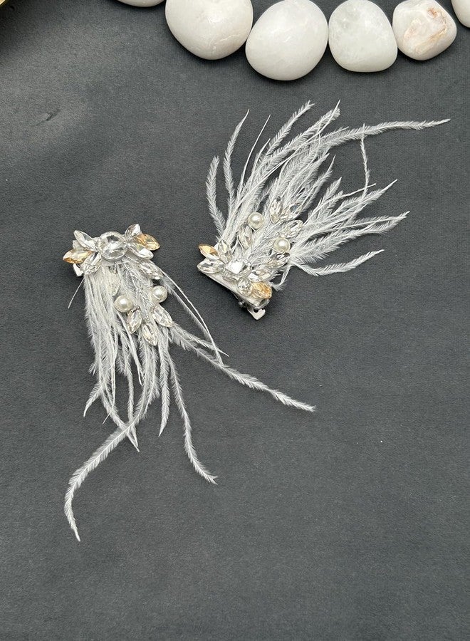 مشبك شعر أنيق من توينشو مزين بريشة بيضاء وكريستال ولؤلؤ، إكسسوار شعر للعروس، مشبك شعر ماسي أنيق لحفلات الزفاف - Image 1