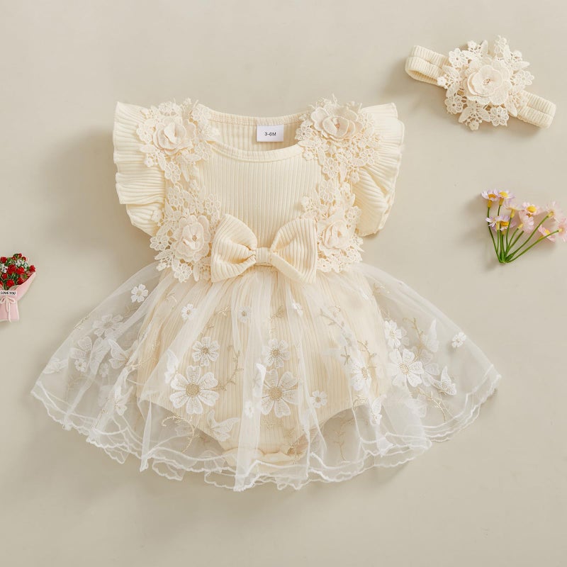 Douhoow Baby Girl Romper Dress Baby Dress Romper Flowers Lace Infant Girl Spring Summer Clothes with Headband (Khaki, 6-9 Months) - Image 2
