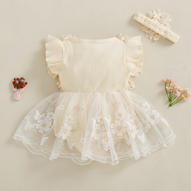 Douhoow Baby Girl Romper Dress Baby Dress Romper Flowers Lace Infant Girl Spring Summer Clothes with Headband (Khaki, 6-9 Months) - Image 4