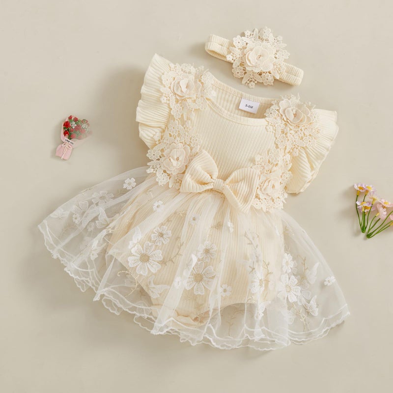 Douhoow Baby Girl Romper Dress Baby Dress Romper Flowers Lace Infant Girl Spring Summer Clothes with Headband (Khaki, 6-9 Months) - Image 3