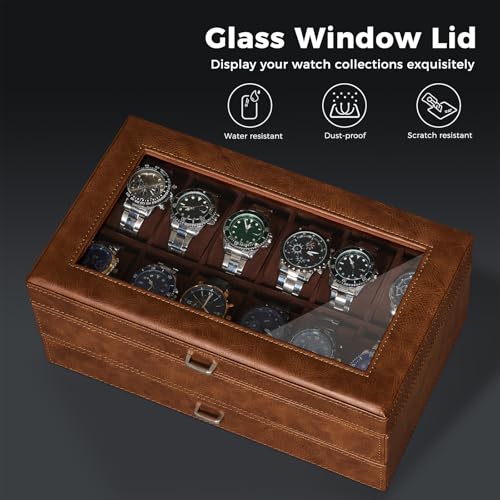 BEWISHOME Watch Box for Men, 12-Slot Watch Case, 2-Layer Watch Case With Drawer, Mens Jewelry Box with Large Glass Lid, Watch Display Case Watch Holder Organizer Watch Storage for Men Women Espresso - Image 4
