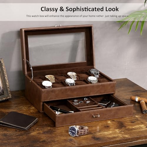 BEWISHOME Watch Box for Men, 12-Slot Watch Case, 2-Layer Watch Case With Drawer, Mens Jewelry Box with Large Glass Lid, Watch Display Case Watch Holder Organizer Watch Storage for Men Women Espresso - Image 3