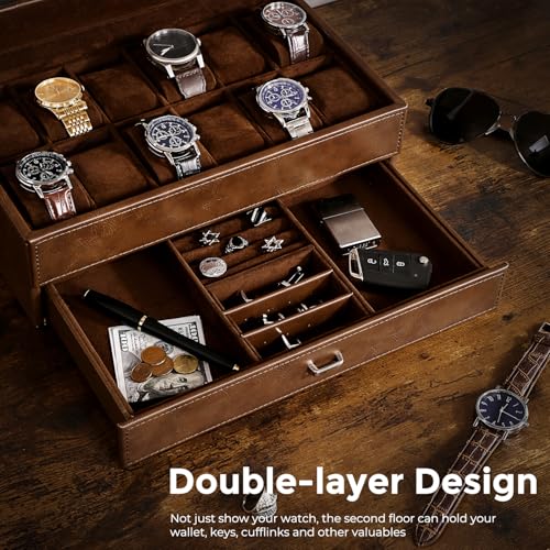 BEWISHOME Watch Box for Men, 12-Slot Watch Case, 2-Layer Watch Case With Drawer, Mens Jewelry Box with Large Glass Lid, Watch Display Case Watch Holder Organizer Watch Storage for Men Women Espresso - Image 2