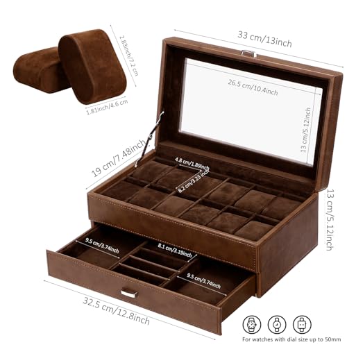 BEWISHOME Watch Box for Men, 12-Slot Watch Case, 2-Layer Watch Case With Drawer, Mens Jewelry Box with Large Glass Lid, Watch Display Case Watch Holder Organizer Watch Storage for Men Women Espresso - Image 5
