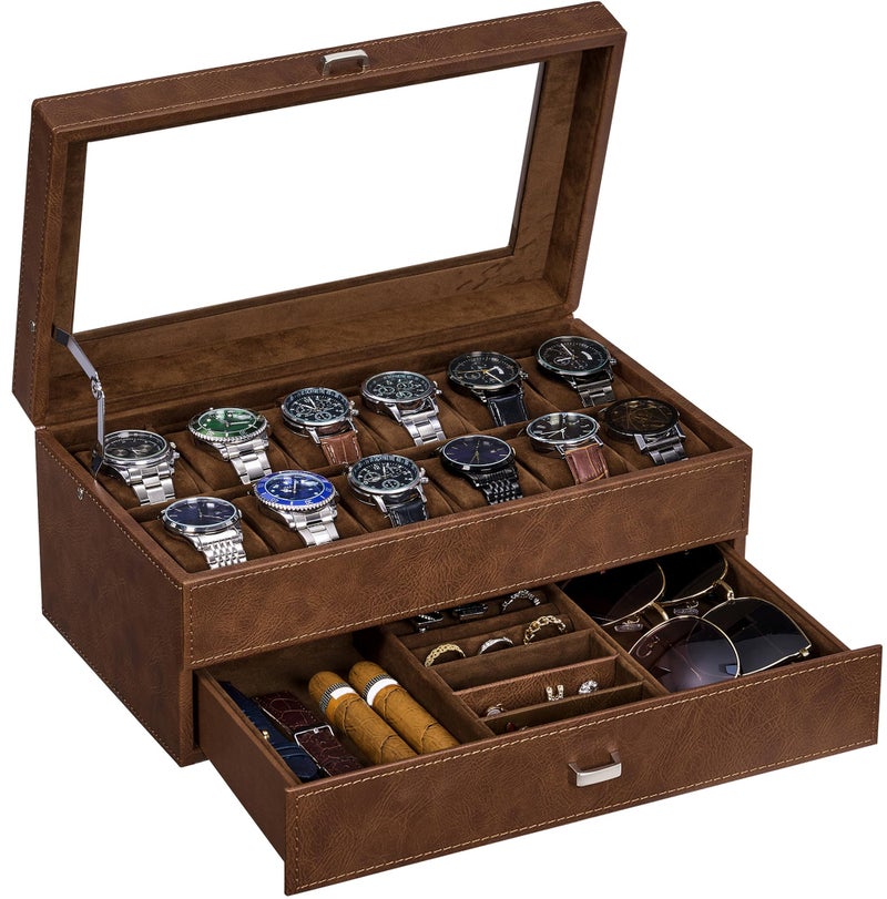 BEWISHOME Watch Box for Men, 12-Slot Watch Case, 2-Layer Watch Case With Drawer, Mens Jewelry Box with Large Glass Lid, Watch Display Case Watch Holder Organizer Watch Storage for Men Women Espresso - Image 1