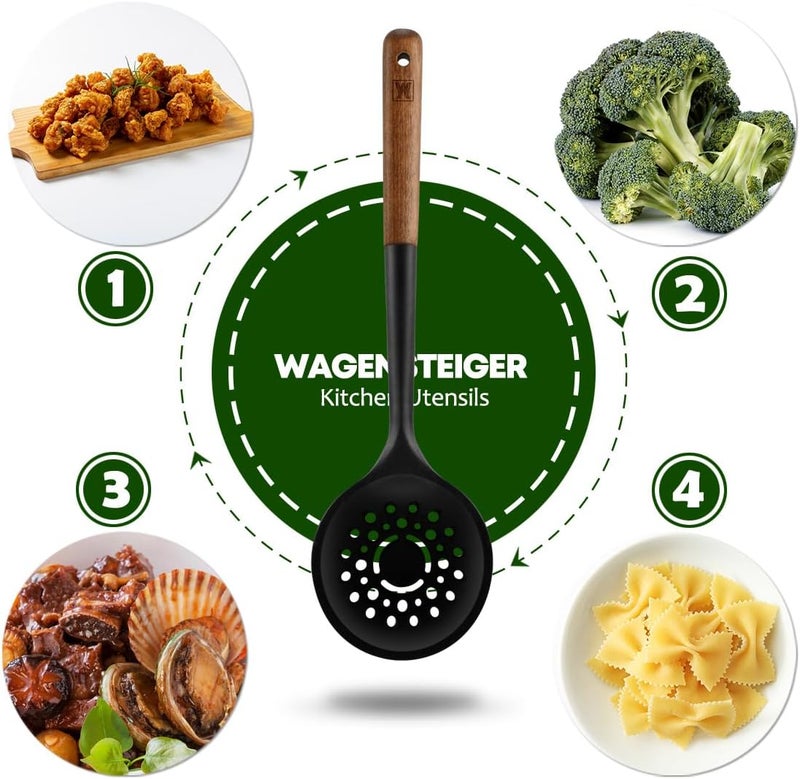 WAGENSTEIGER Silicon Cooking Skimmer Ladle with Wooden Handle: Slotted Cooking Spoon for Deep Frying Food, Food Separator, Heat Resistant, BPA Free, Gentle Head Design for Non-Stick Cookware - Image 3
