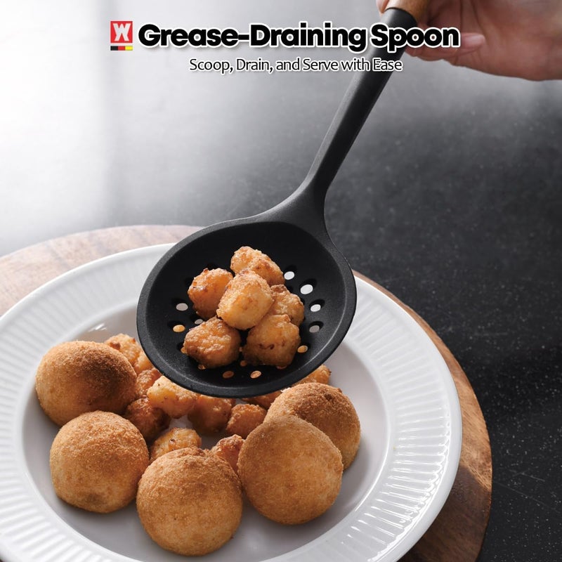WAGENSTEIGER Silicon Cooking Skimmer Ladle with Wooden Handle: Slotted Cooking Spoon for Deep Frying Food, Food Separator, Heat Resistant, BPA Free, Gentle Head Design for Non-Stick Cookware - Image 4