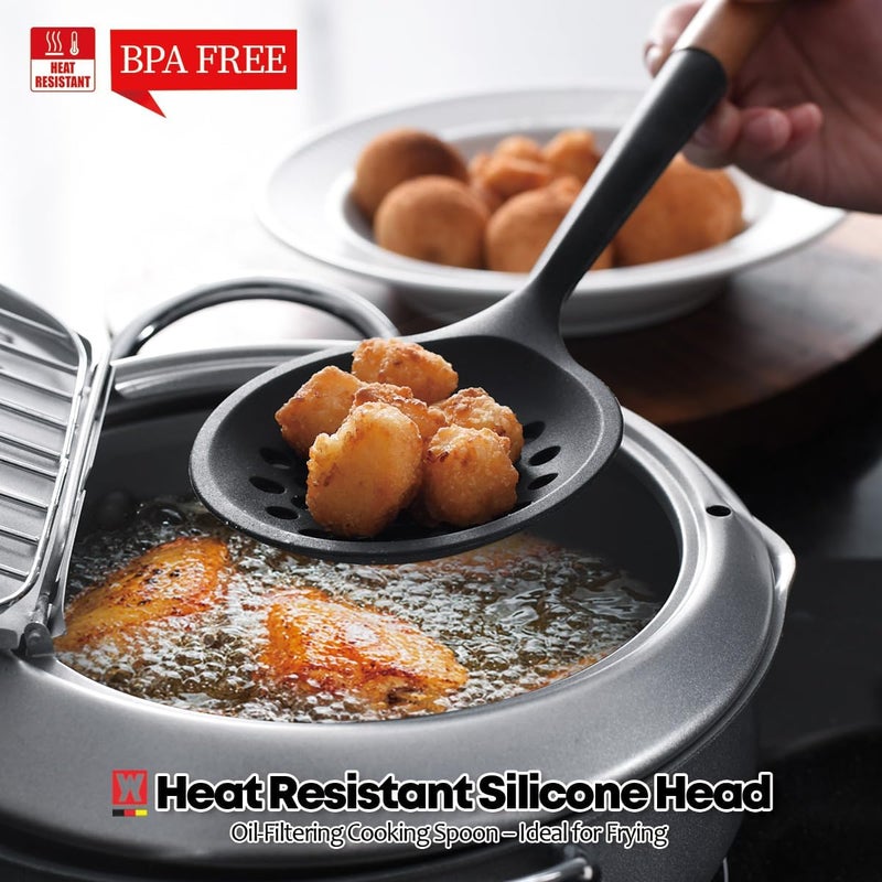 WAGENSTEIGER Silicon Cooking Skimmer Ladle with Wooden Handle: Slotted Cooking Spoon for Deep Frying Food, Food Separator, Heat Resistant, BPA Free, Gentle Head Design for Non-Stick Cookware - Image 1