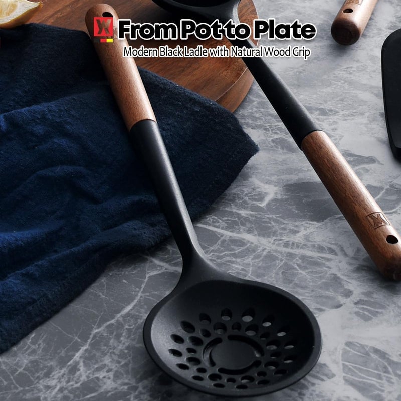 WAGENSTEIGER Silicon Cooking Skimmer Ladle with Wooden Handle: Slotted Cooking Spoon for Deep Frying Food, Food Separator, Heat Resistant, BPA Free, Gentle Head Design for Non-Stick Cookware - Image 2