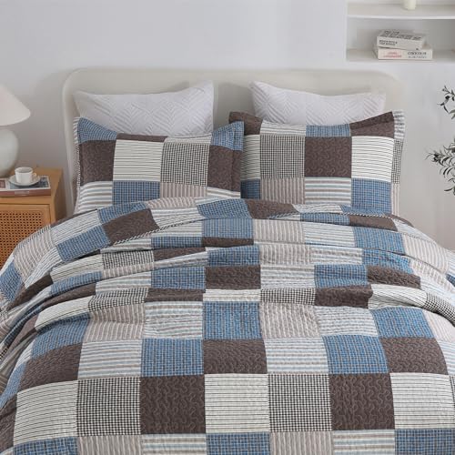 Finlonte Quilt King Size - 100% Cotton Plaid King Size Comforter Set Farmhouse Modern Quilt Bedding Set, Reversible Lightweight Soft Bedspread, Blue Brown Quilted Coverlet All-Season, 3-Piece - Image 5