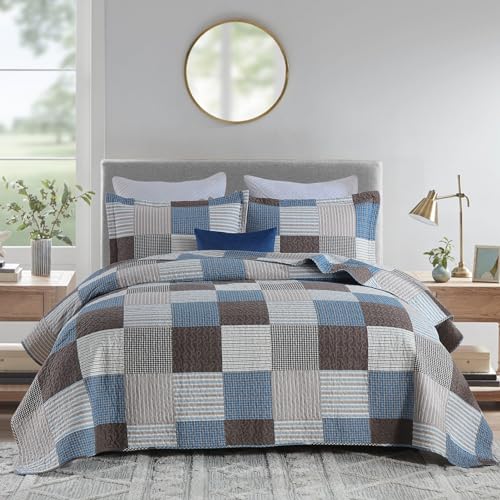 Finlonte Quilt King Size - 100% Cotton Plaid King Size Comforter Set Farmhouse Modern Quilt Bedding Set, Reversible Lightweight Soft Bedspread, Blue Brown Quilted Coverlet All-Season, 3-Piece - Image 1