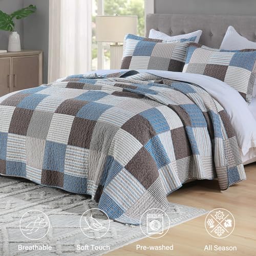 Finlonte Quilt King Size - 100% Cotton Plaid King Size Comforter Set Farmhouse Modern Quilt Bedding Set, Reversible Lightweight Soft Bedspread, Blue Brown Quilted Coverlet All-Season, 3-Piece - Image 2