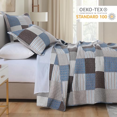 Finlonte Quilt King Size - 100% Cotton Plaid King Size Comforter Set Farmhouse Modern Quilt Bedding Set, Reversible Lightweight Soft Bedspread, Blue Brown Quilted Coverlet All-Season, 3-Piece - Image 3