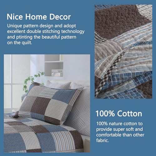 Finlonte Quilt King Size - 100% Cotton Plaid King Size Comforter Set Farmhouse Modern Quilt Bedding Set, Reversible Lightweight Soft Bedspread, Blue Brown Quilted Coverlet All-Season, 3-Piece - Image 4