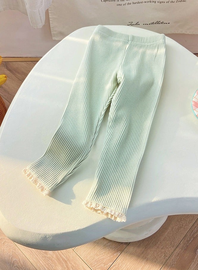 Loquat Girls Thermal Underwear Pants Cotton Soft Long Johns Base Layer Bottom Kid's Lace Splicing Pants Green 