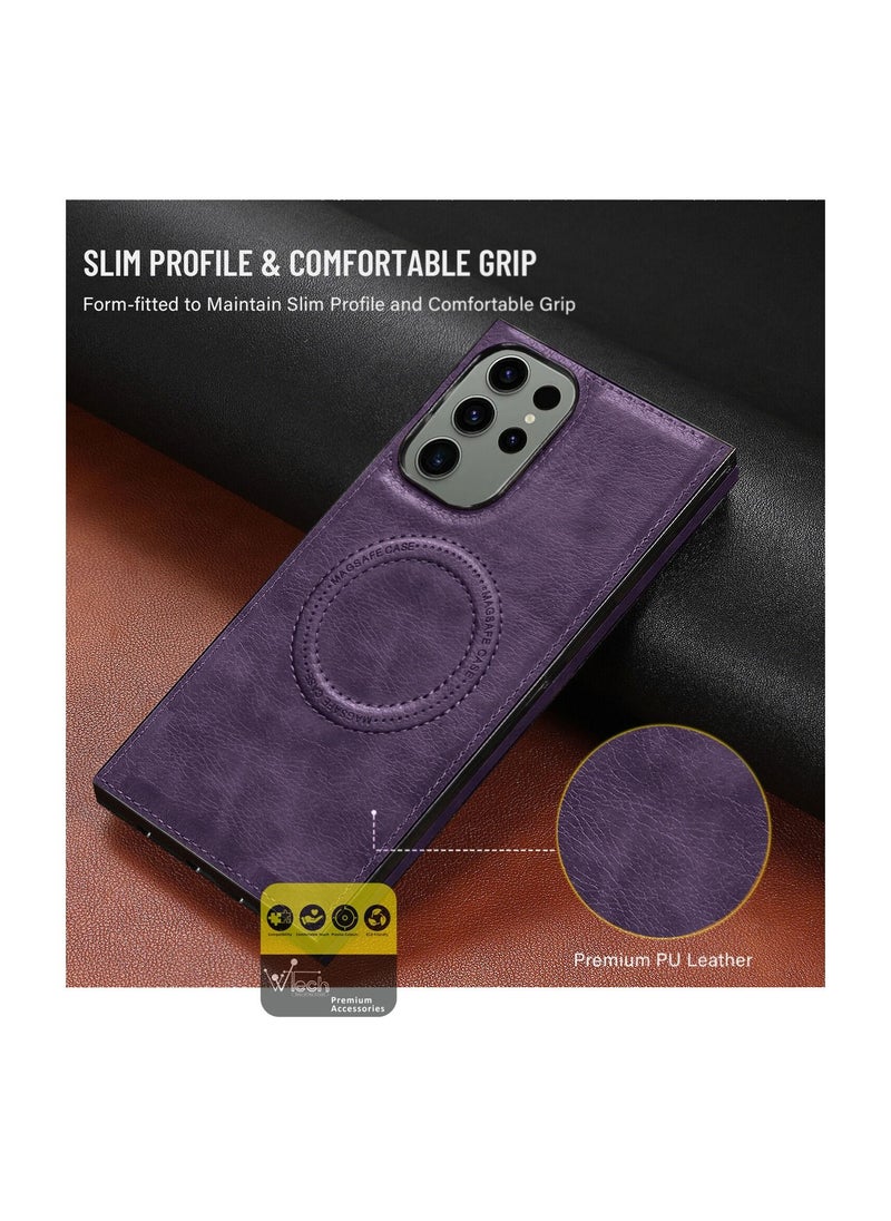 Wtech - Luxury Leather Magnetic Wireless Charging Original MagSafe Shockproof Case Cover For Samsung Galaxy S23 Ultra 2023 Plum - Image 1