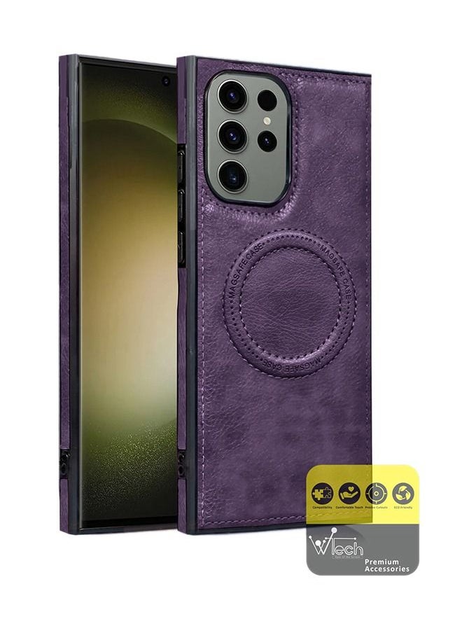 Wtech - Luxury Leather Magnetic Wireless Charging Original MagSafe Shockproof Case Cover For Samsung Galaxy S23 Ultra 2023 Plum - Image 1