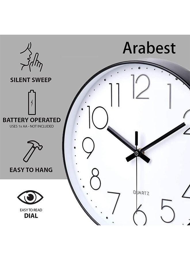 Arabest ساعة حائط، صامتة بدون دقات، تعمل ببطارية كوارتز عالية الجودة، دائرية وسهلة القراءة، ساعة حائط صامتة لغرفة النوم، غرفة المعيشة، المطبخ، المكتب، المدرسة، ديكور المنزل (30 سم، أسود) - Image 2